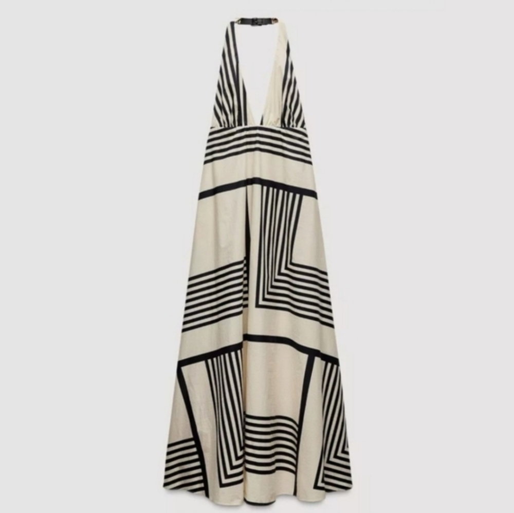 Zara Cotton Dress Halter Black Cream Maxi Size M - Picture 12 of 16